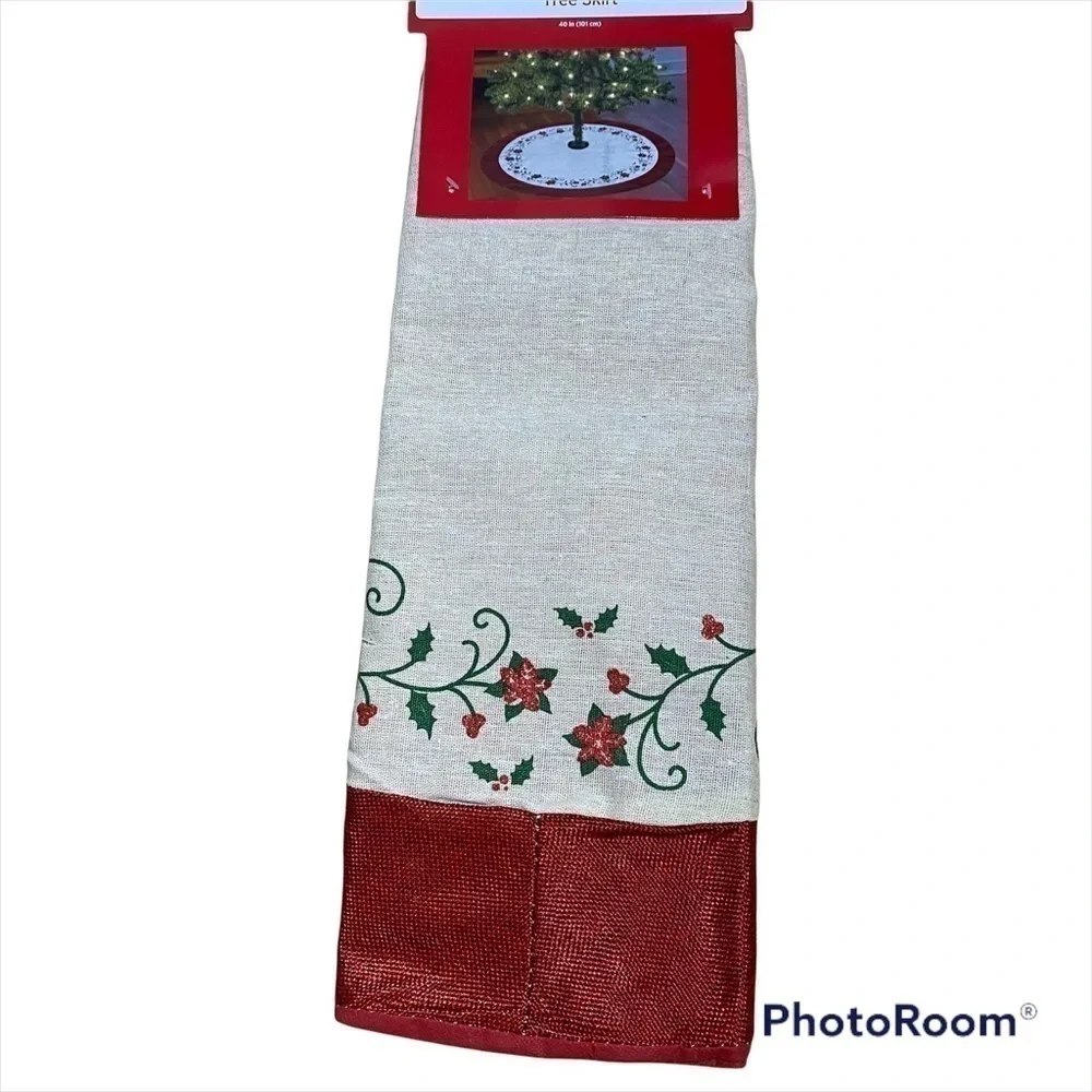 Burlap Christmas Tree Skirt NWT 40 in Holiday Red Tan Green Country Primitive